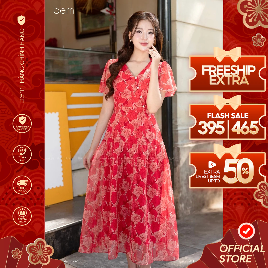 Đầm Hoa Nhí Đỏ Dáng Maxi Xòe Cổ V Bem Design (DR481)