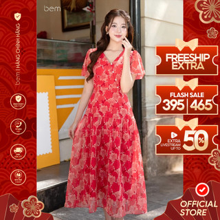 Đầm Hoa Nhí Đỏ Dáng Maxi Xòe Cổ V Bem Design (DR481)