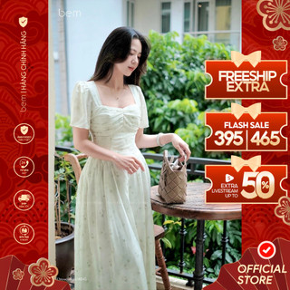  Váy Hoa Nhí Xanh Lá Cổ Vuông Cúp Ngực BEM  DR845  