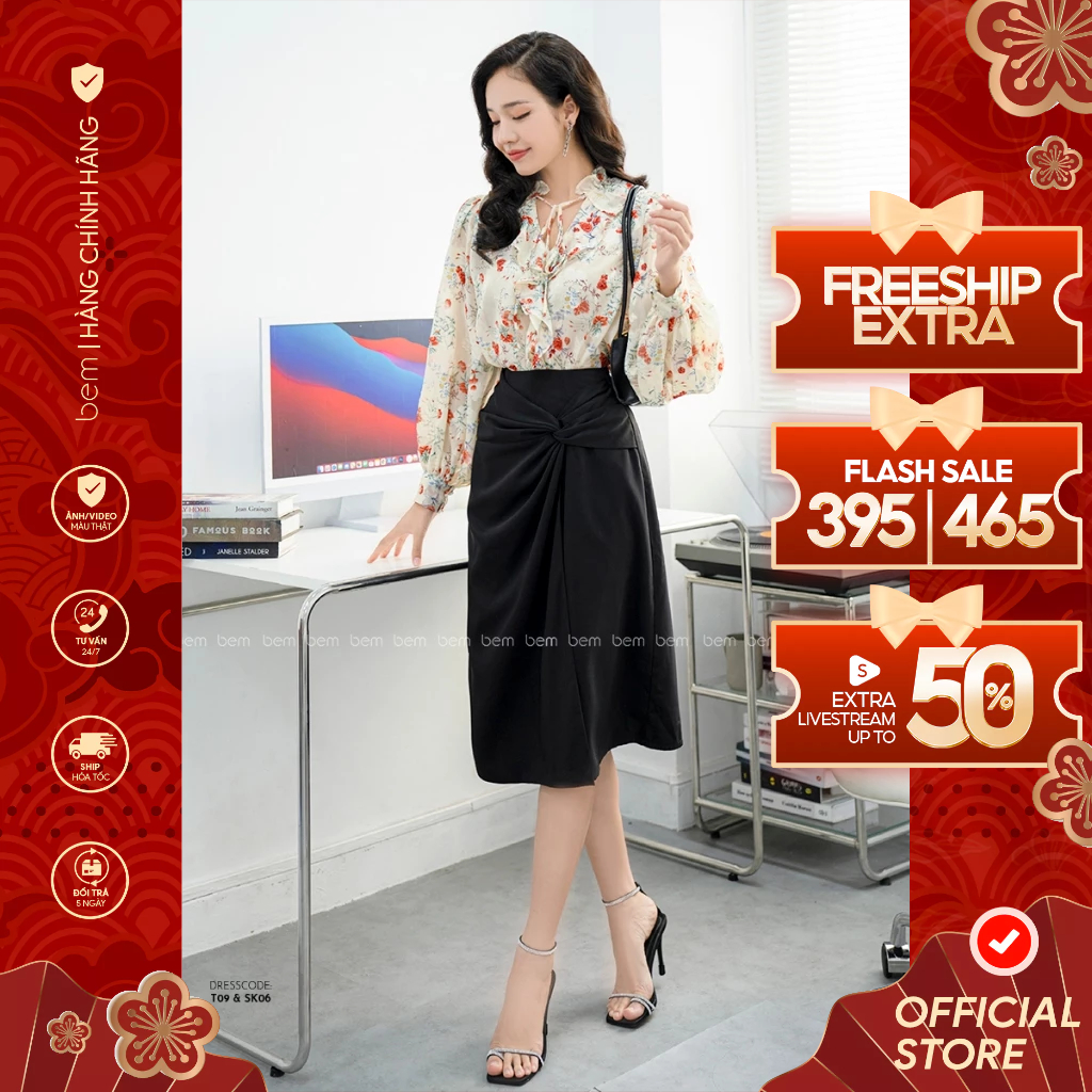 ÁO SƠMI HOA Sang Trọng Phối Chân Váy Tôn Dáng Nữ Tính BEM STUDIO (T09 & SK06)