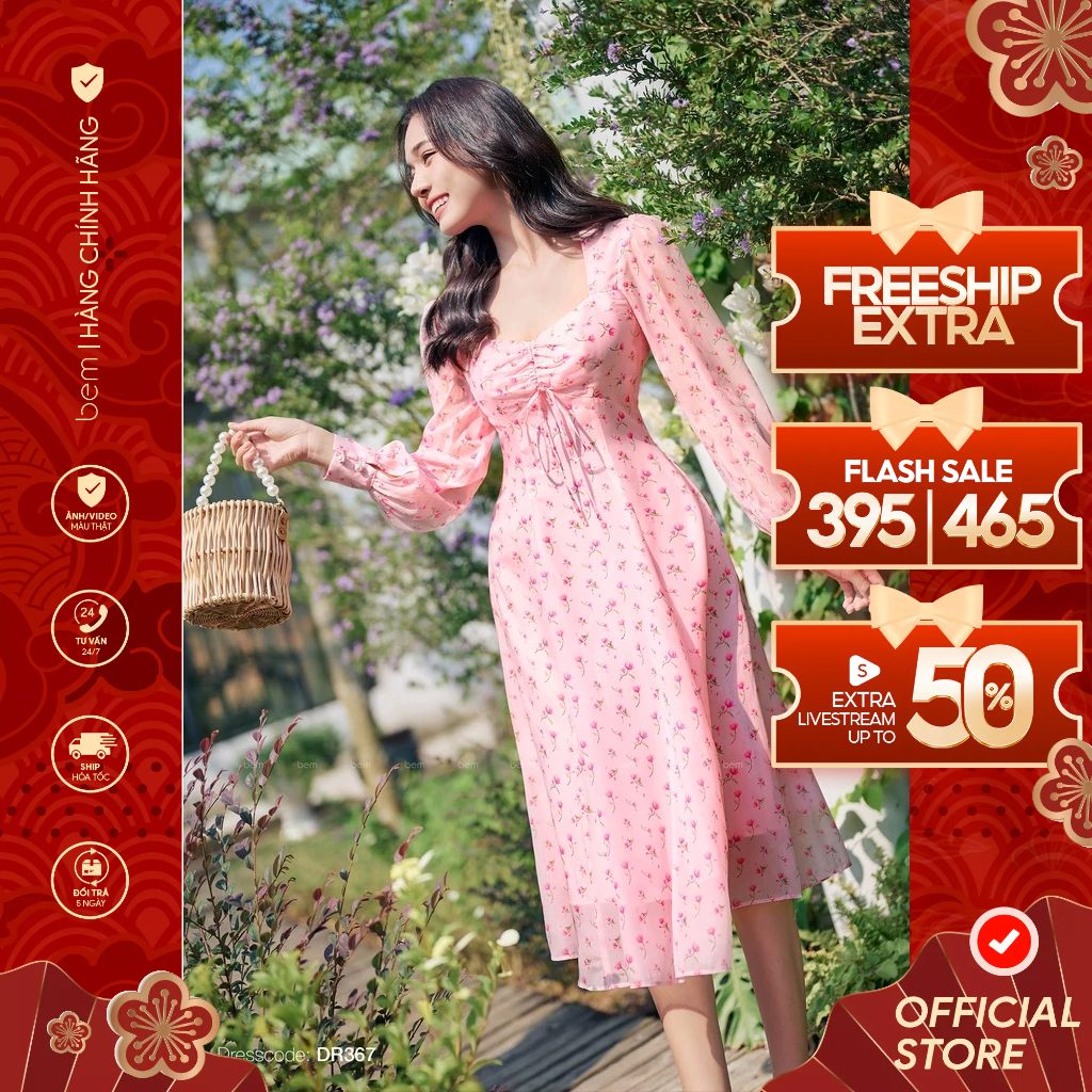 Đầm Hoa Nhí Hồng Phần Cổ Cách Điệu Dây Nơ Điệu Đà Tay Dài Thanh Lịch BEM Studio (DR367)