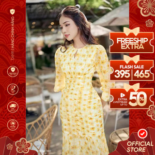 Đầm Hoa Vàng Tùng Đuôi Cá Tôn Dáng Có Nút Bọc BEM Studio (DR383)