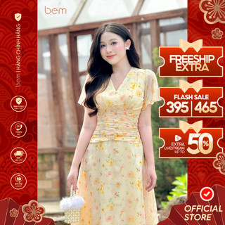 Đầm Hoa Vàng Nữ Tính Có Xếp Li Nhấn Eo Tôn Dáng Bem Design (DR459)