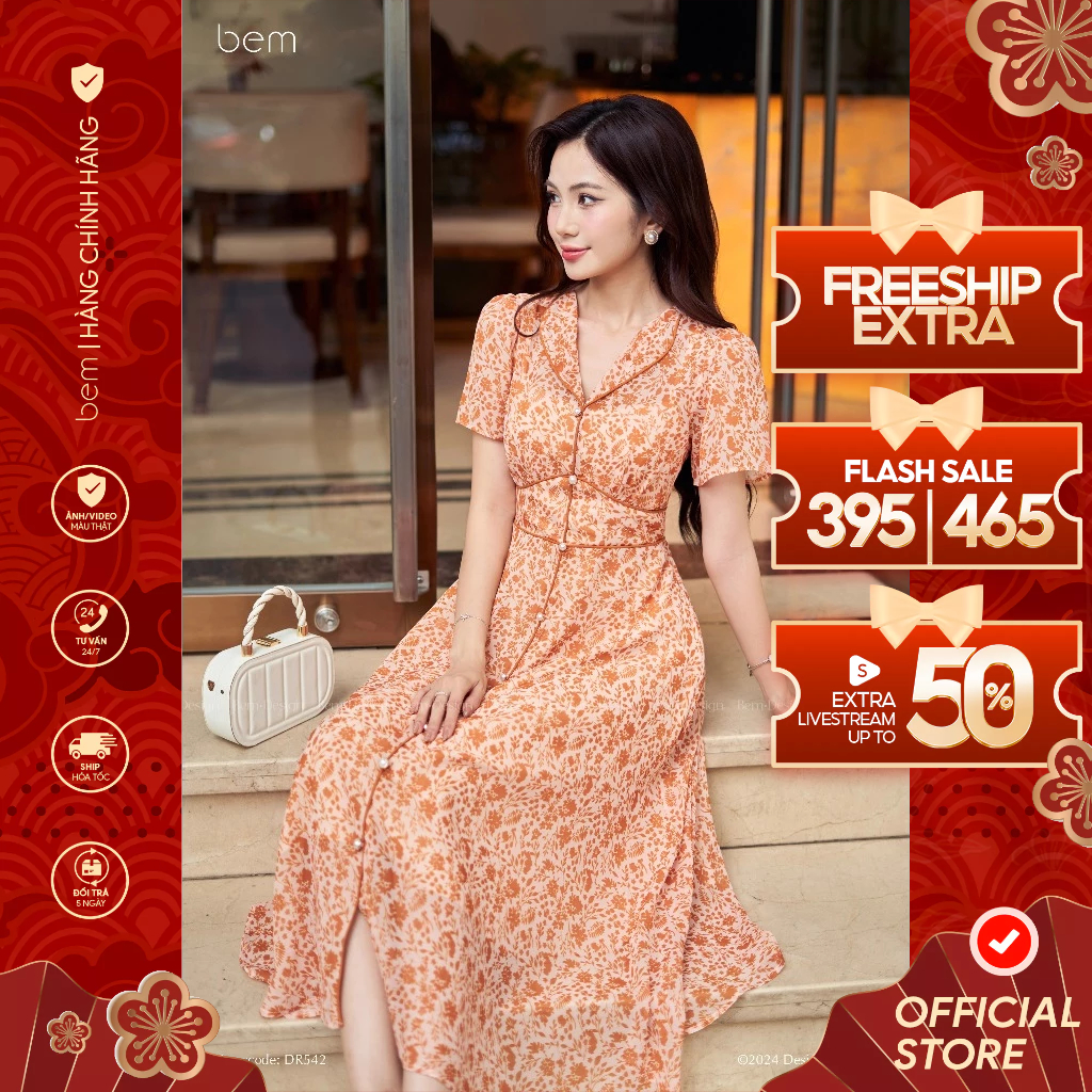 Đầm Hoa Cổ Danton đi viền tôn dáng Bem Design (DR542)