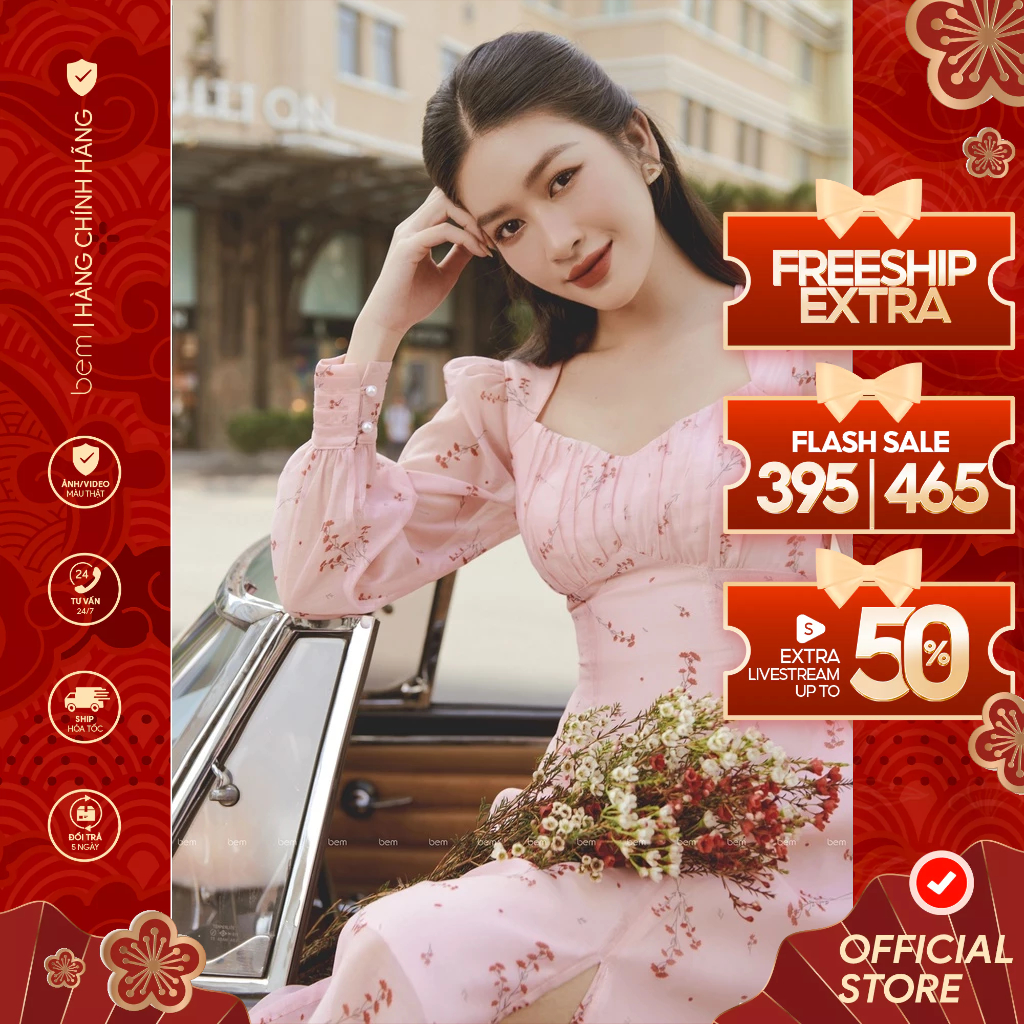 ĐẦM HOA HỒNG CỔ NỮ HOÀNG TAY DÀI YÊU KIỀU BEM STUDIO (DR358) 𝑆𝑃𝑅𝐼𝑁𝐺 𝐸𝑆𝑆𝐸𝑁𝑇𝐼𝐴𝐿