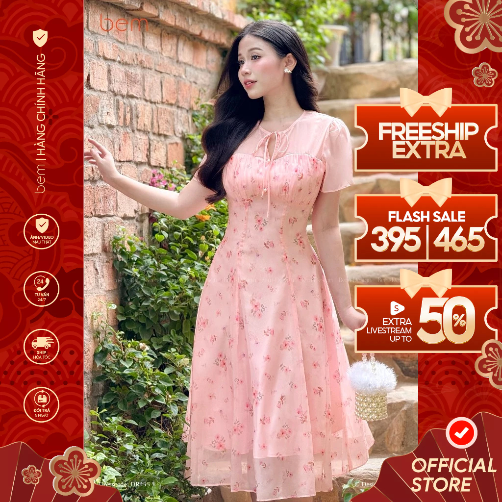 Đầm Hoa Hồng Cổ Phối Có Dây Nơ Bem Design (DR455)