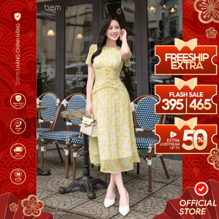 Đầm Hoa Nhí Vàng Dáng Dài Xòe Cổ Tròn Xếp Ly Vintage Bem Design (DR615)