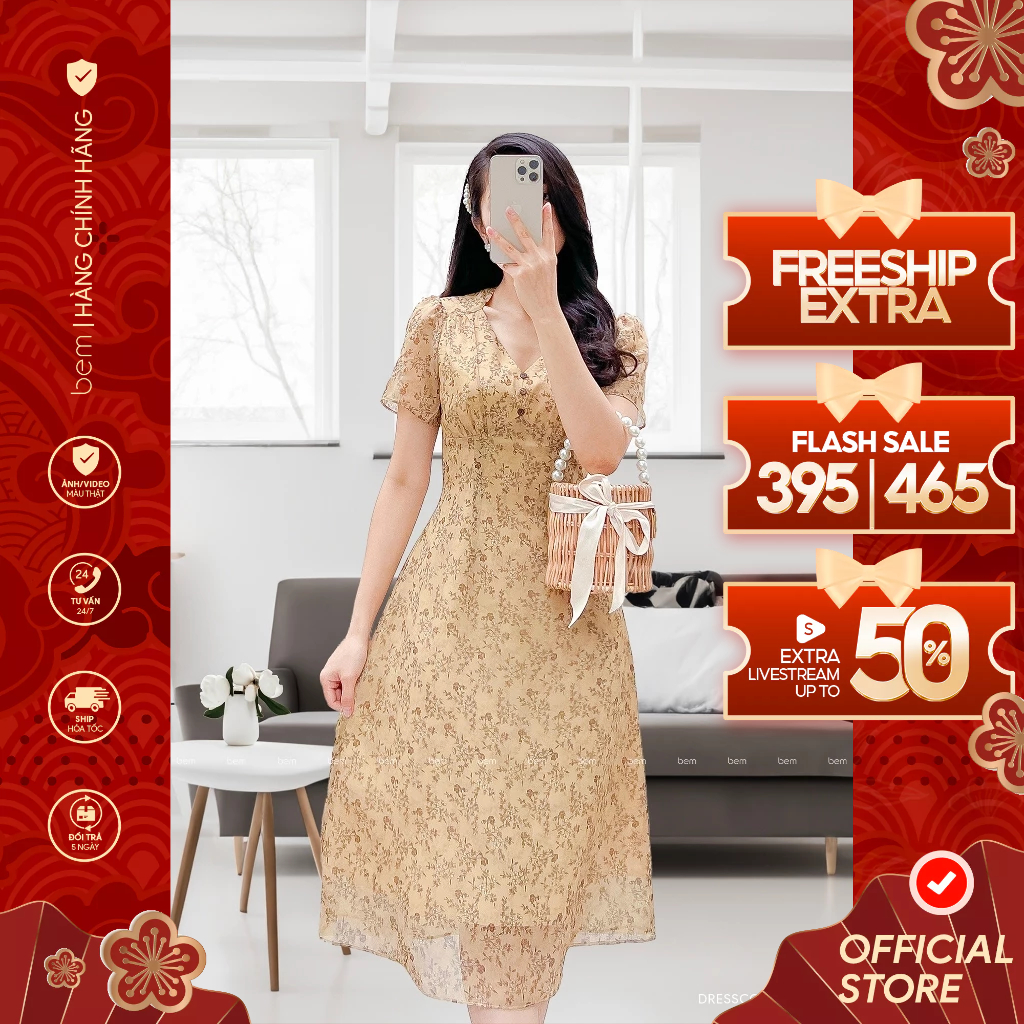 Đầm Hoa Vàng Cổ Điển Với Cổ V Chất Chiffon Hàn BEM Studio (DR412)