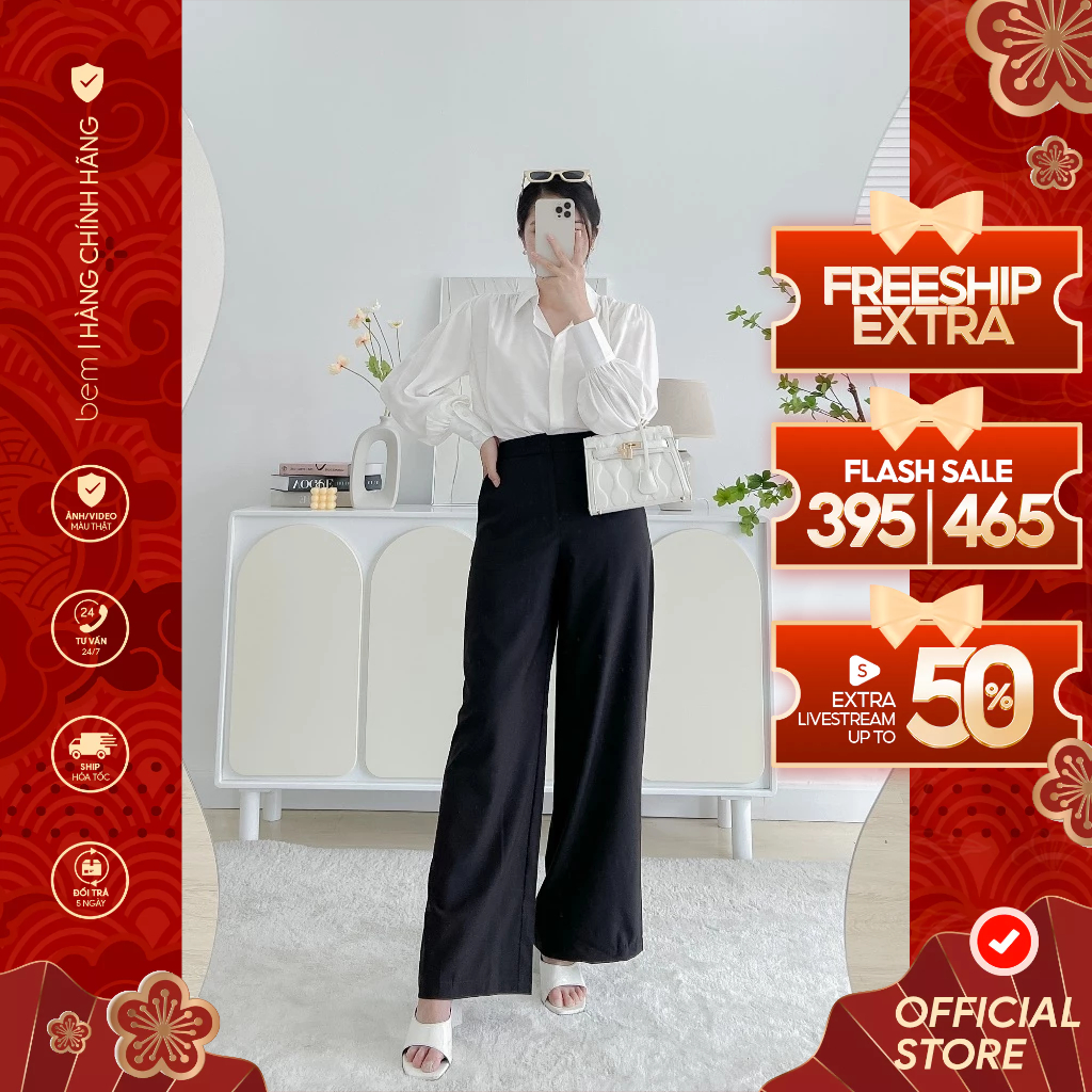 Áo Sơmi Trắng Freesize Tay Phồng & Quần Tây Đen Ống Rộng BEM Studio (T07 & P03)