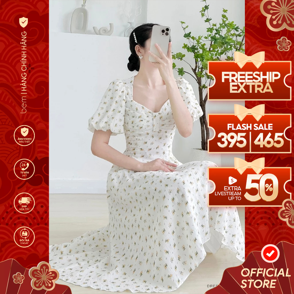 ĐẦM HOA NHÍ TRẮNG TAY LỬNG PHỒNG ÔM EO TÔN DÁNG BEM STUDIO (DR286) | 𝑃𝑎𝑟𝑇𝐸𝐴 𝐶𝑜𝑙𝑙𝑒𝑐𝑡𝑖𝑜𝑛