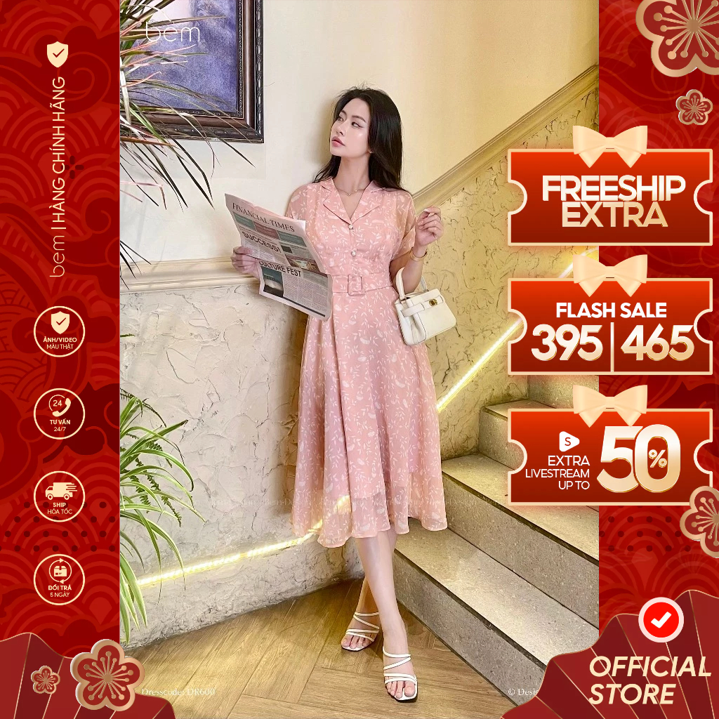 Đầm Hoa Nhí Trắng Màu San Hô Cổ Danton Thanh Lịch Kèm Belt Bem Design (DR600)