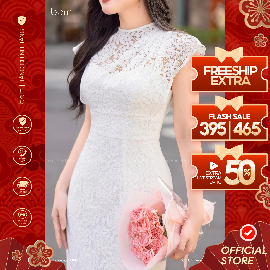 Đầm Ren Hoa Dáng Bút Chì Trắng Sang Trọng Bem Design (DR648)