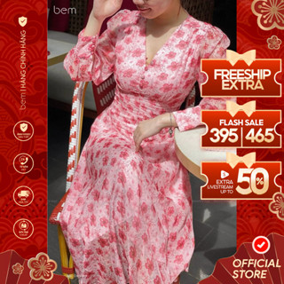  Đầm Hoa Nhí Hồng Tay Lỡ Phối Eo Corset Dáng Dài Xòe Cổ Điển Bem Design  DR368  