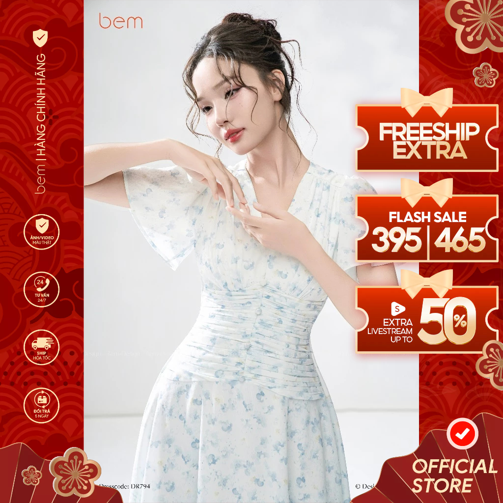 Váy Hoa Nhí Xanh Tay Tiên Nhún Eo BEM Design (DR794)