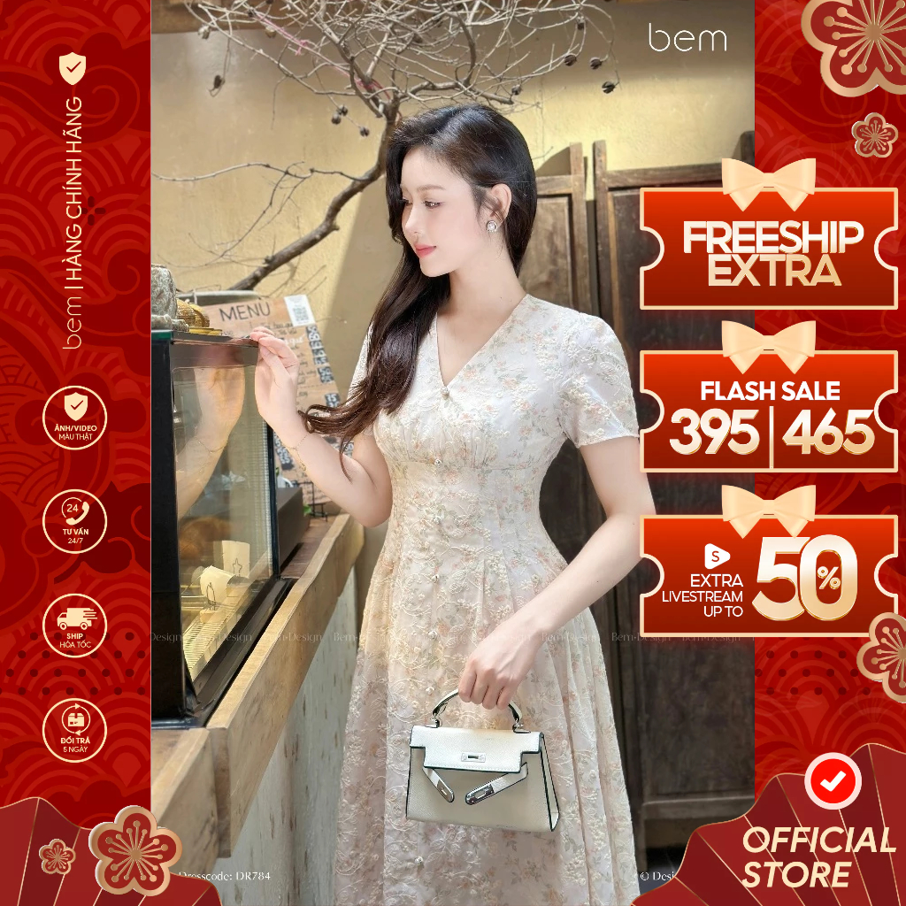 Váy Hoa Thêu Dáng Midi Xòe Xếp Ly BEM Design (DR784)