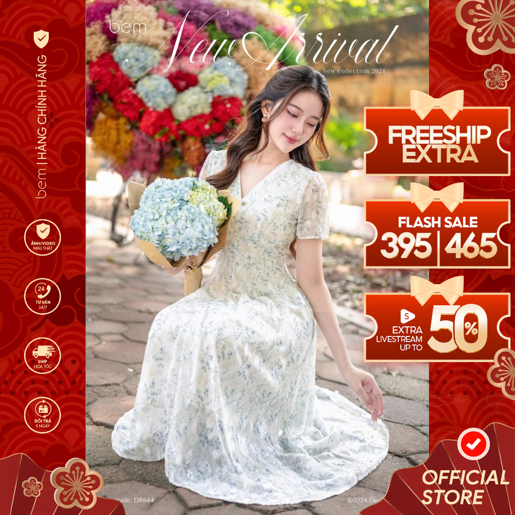  Đầm Hoa Nhí Trắng Dáng Dài Xoè Cổ V Tiểu Thư Bem Design  DR644  