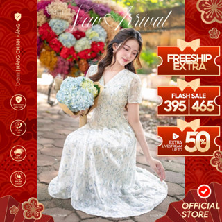  Đầm Hoa Nhí Trắng Dáng Dài Xoè Cổ V Tiểu Thư Bem Design  DR644  