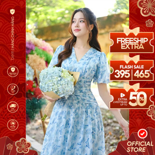  Đầm Hoa Nhí Xanh Dáng Dài Tiểu Thư Cổ V Xếp Ly Eo Bem Design  DR631  