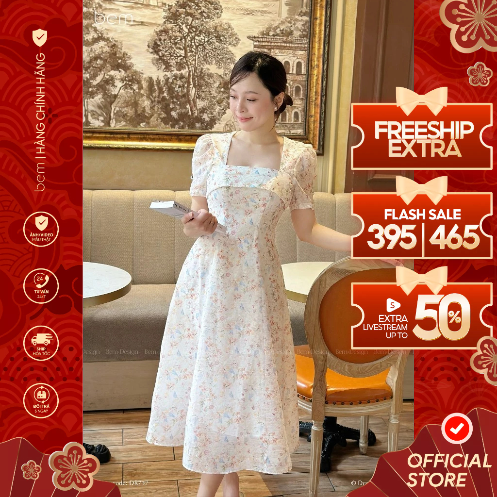 Váy Hoa Nhí Trắng Cổ Vuông BEM Design (DR737)