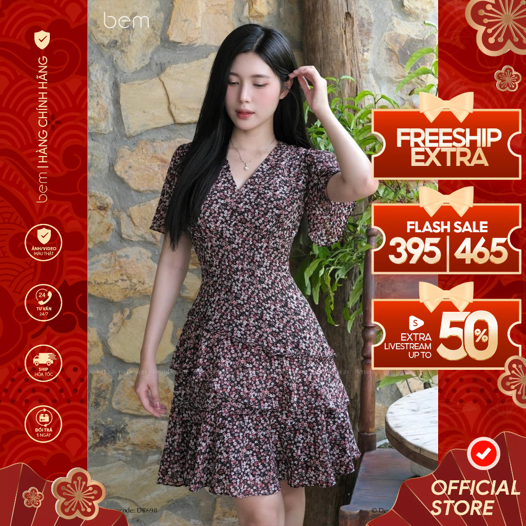 Váy Hoa Nhí Đen Dáng Ngắn Viền Bèo BEM Design (DR698)