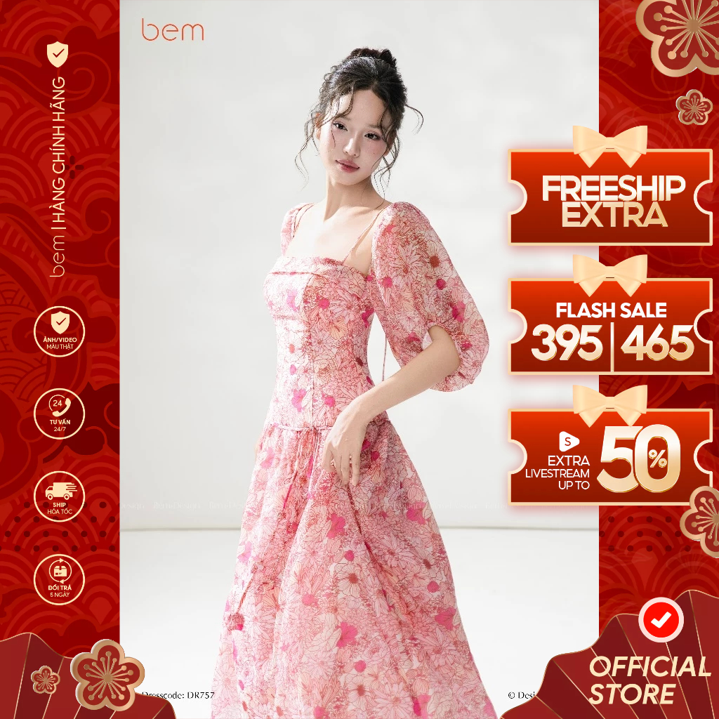 Váy Hoa Nhí Hồng Trễ Vai Dáng Midi BEM Design (DR757)