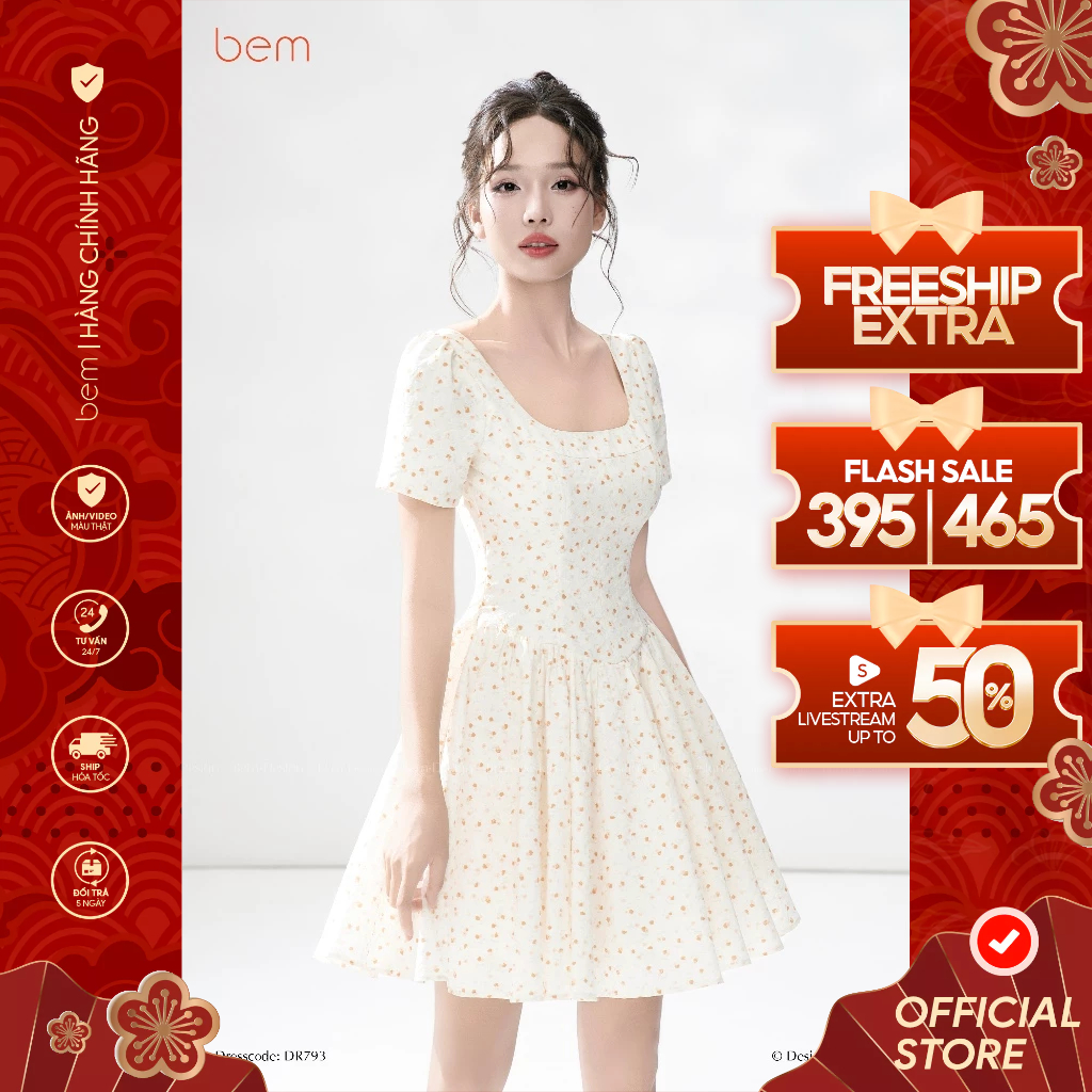 Váy Hoa Nhí Dáng Xòe Ngắn Cổ Vuông BEM Design (DR793)