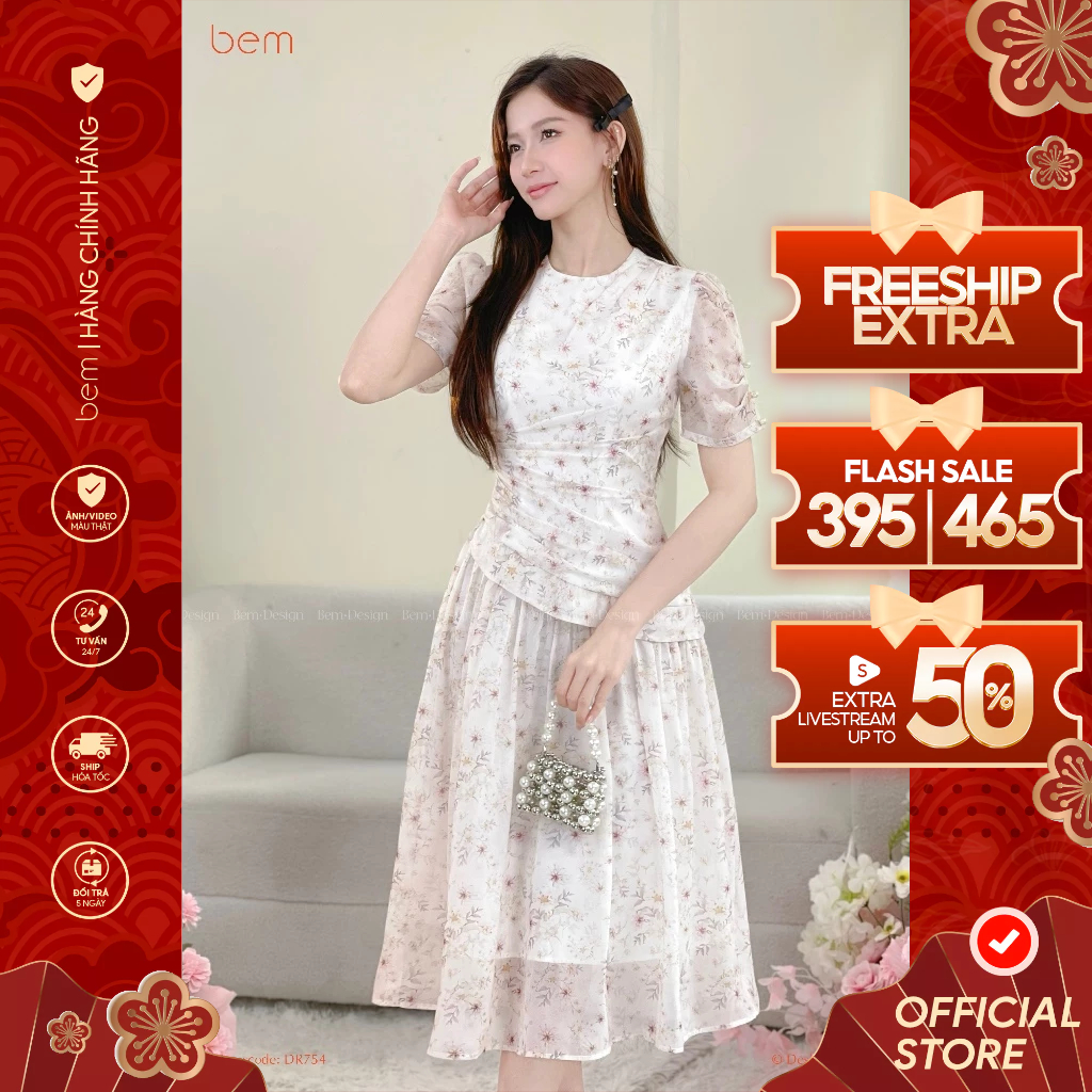 Váy Hoa Nhí Trắng Đắp Nhún Cổ Tròn BEM Design (DR754)