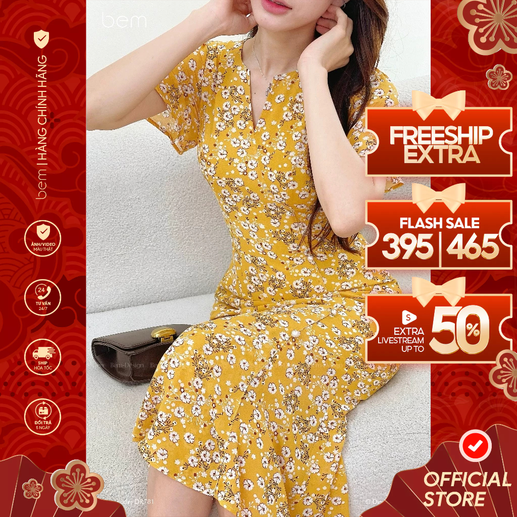 Váy Đuôi Cá Hoa Nhí Vàng Cổ V BEM Design (DR781)