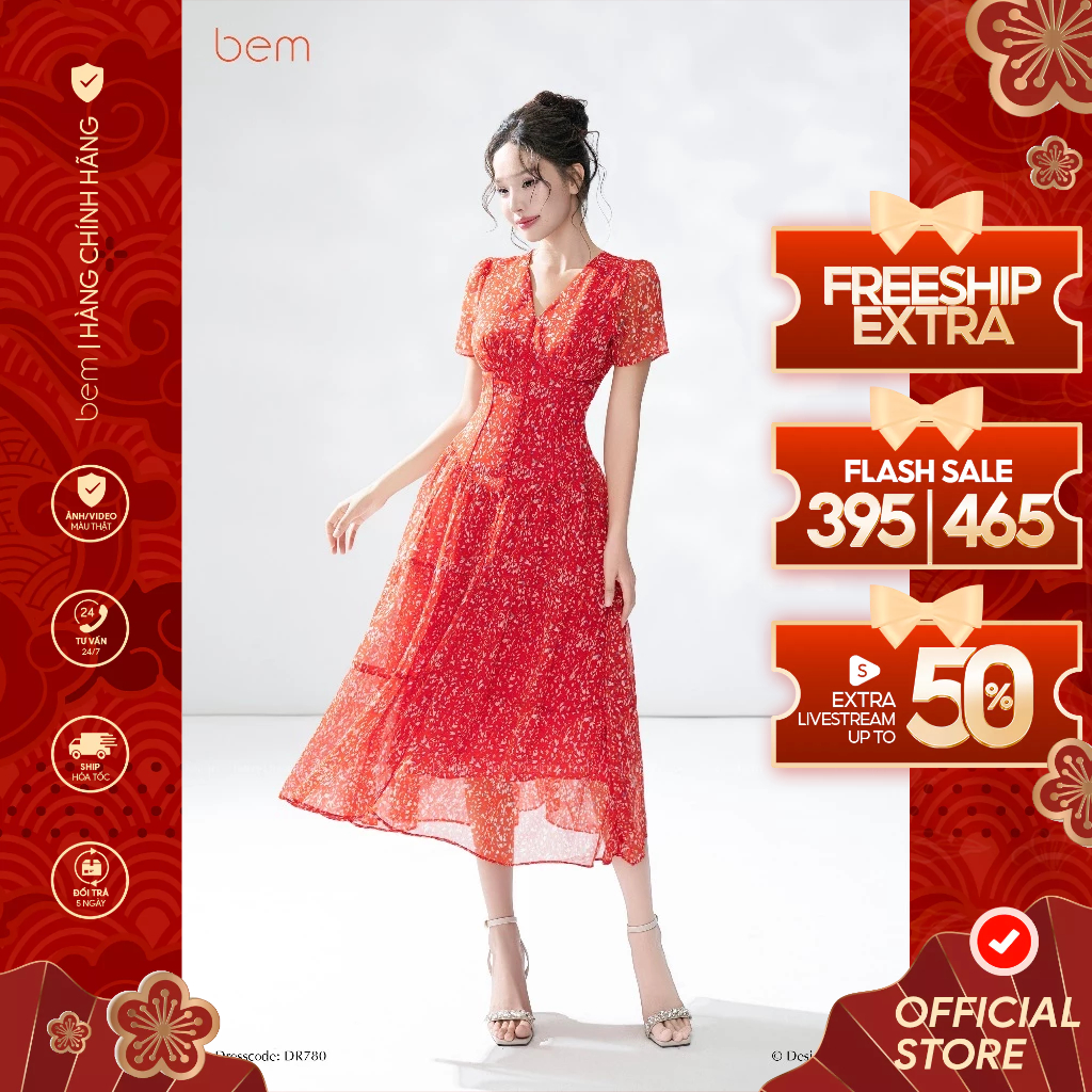 Váy Maxi Dáng Xòe Hoa Nhí Đỏ Cổ V BEM Design (DR780)