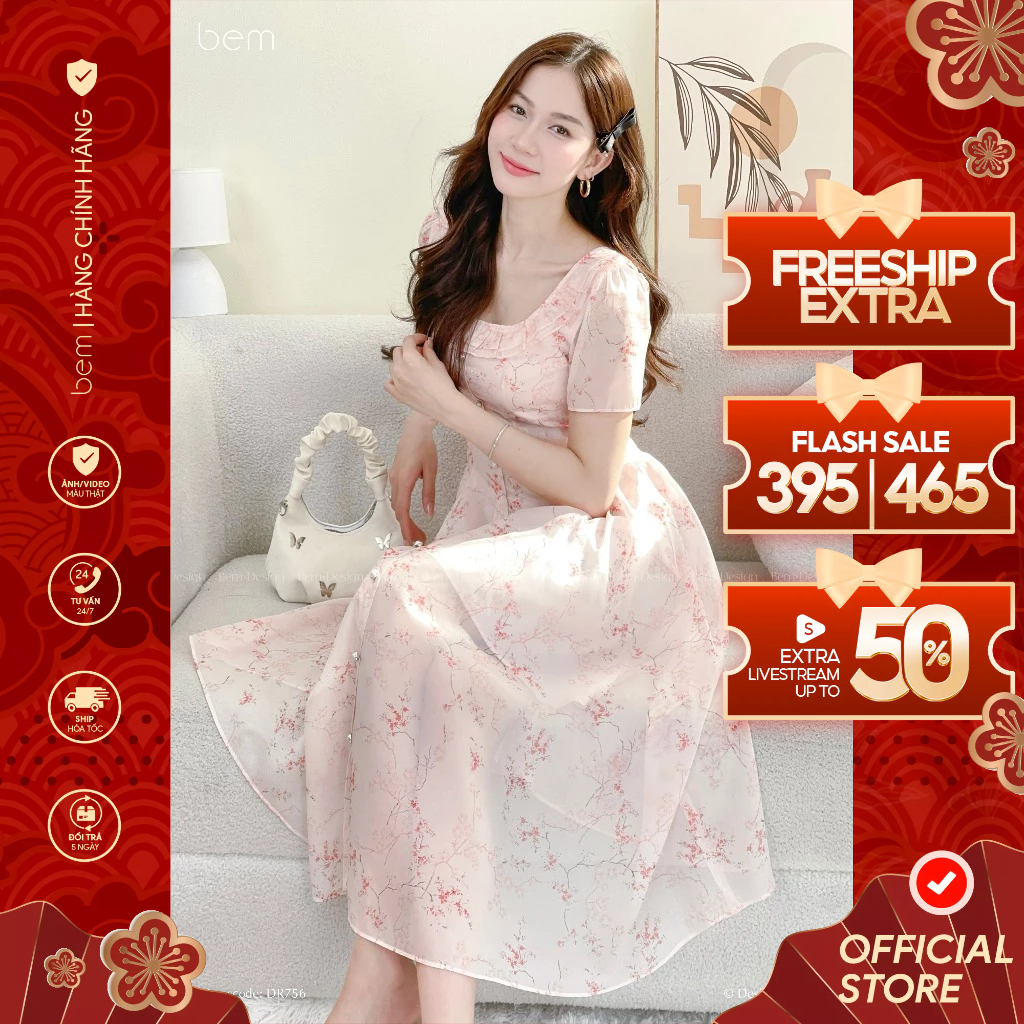 Váy Hoa Nhí Hồng Pastel Cổ Vuông Viền Bèo BEM Design (DR756)