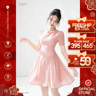  Váy Hoa Nhí Hồng Dáng Xoè Ngắn Cổ Tròn Nơ BEM Design  DR769  