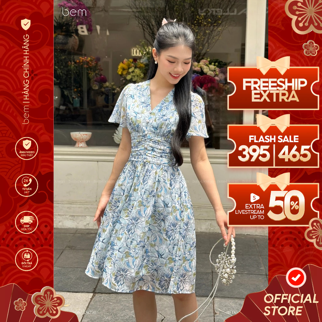 Váy Hoa Nhí Xanh Dáng Xòe Ngắn Nhún Eo BEM Design (DR738)