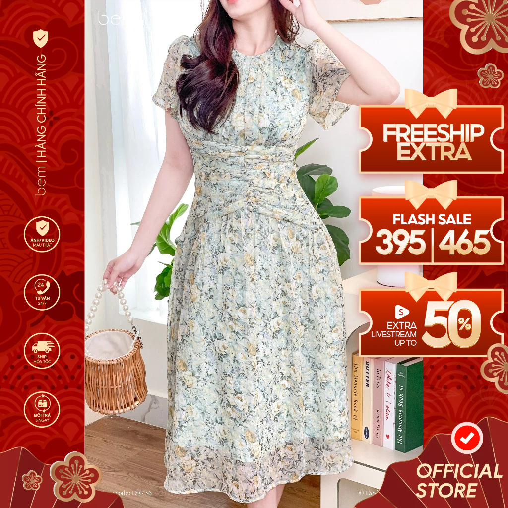 Váy Hoa Nhí Xanh Đậu Midi Cổ Tròn BEM Design (DR736)