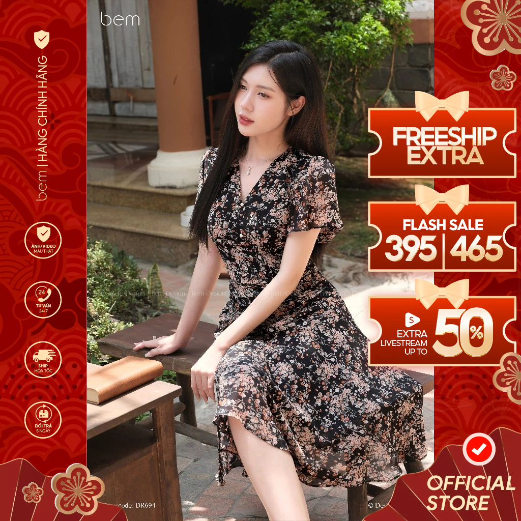 Váy Hoa Nhí Đen Nhún Eo Vintage Bem Design (DR694)