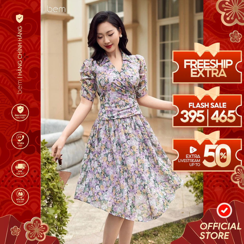 Váy Hoa Nhí Tím Cổ Dantong Nhún Eo BEM Design (DR687)