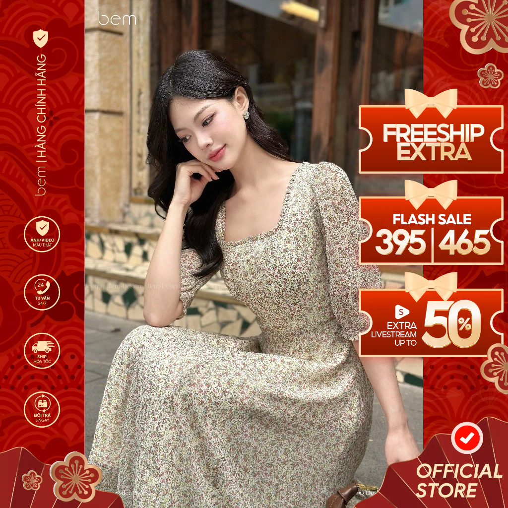 Váy Hoa Nhí Dáng Midi Cổ Vuông Tay Lỡ BEM Design (DR732)