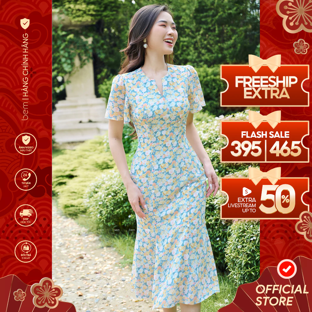 Đầm Hoa Xanh Đuôi Cá Tôn Dáng Bem Studio (DR460)
