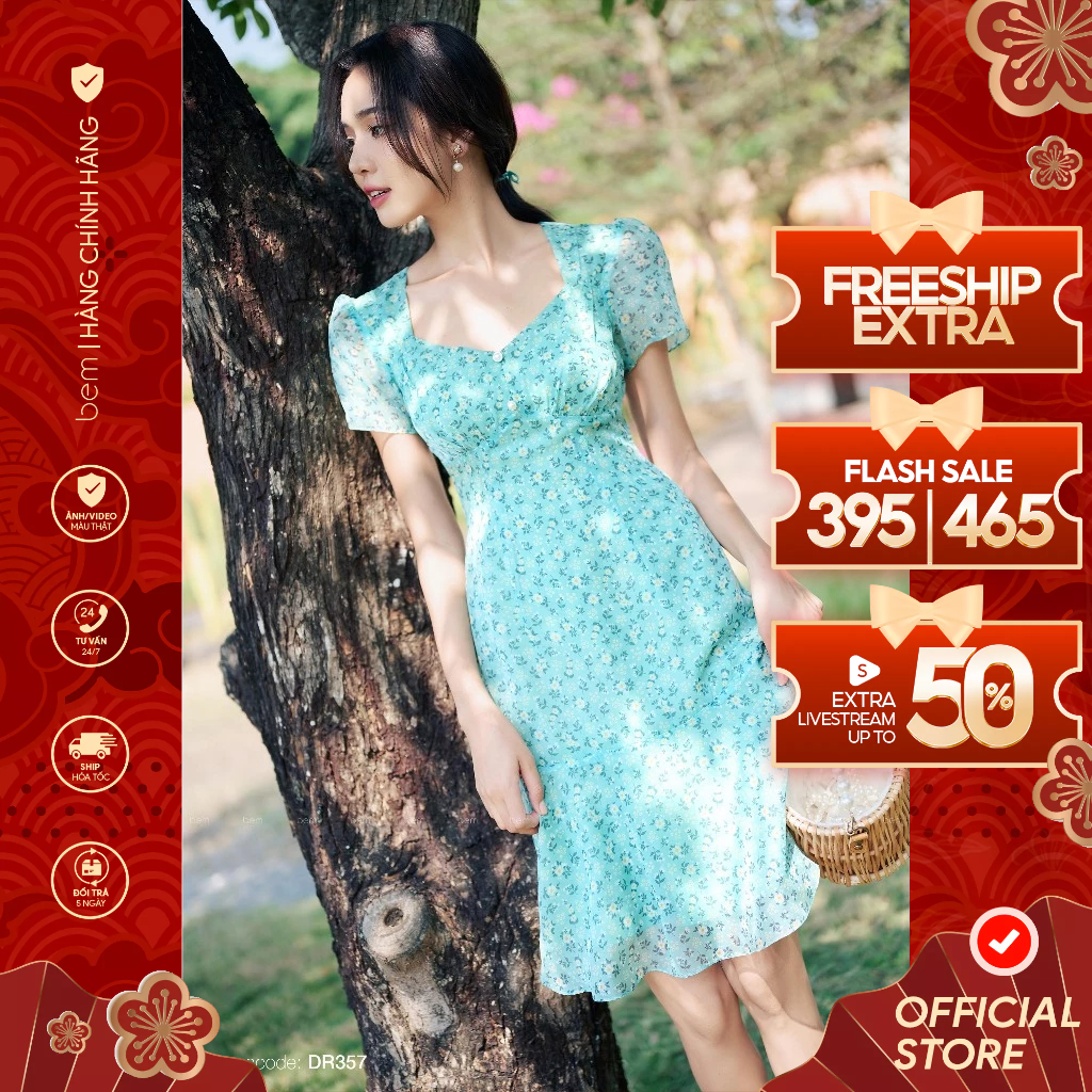 ĐẦM Hoa Nhí Xanh Cổ Nữ Hoàng Sang Trọng Tôn Dáng BEM Studio (DR357)