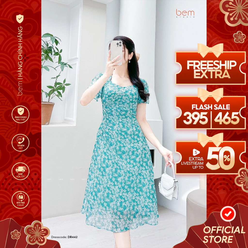 Đầm Hoa Nhí Xanh Biển Chiffon Hàn Nhún Eo Tôn Dáng BEM Studio (DR442)