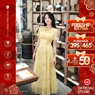  Váy Maxi Hoa Thêu Nổi Vàng Dáng Xòe BEM  DR863  