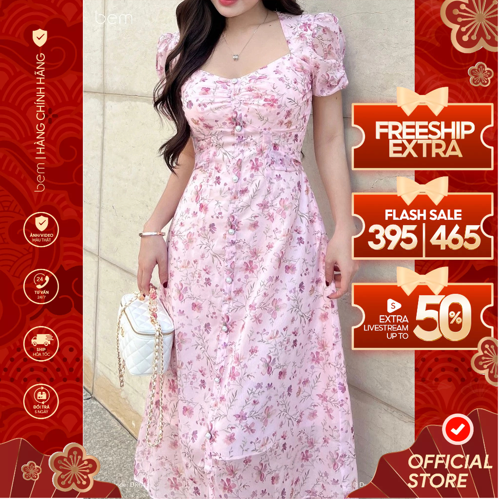 Đầm Hoa Nhí Hồng Cổ Nữ Hoàng Tay Nơ Bem Design (DR643)