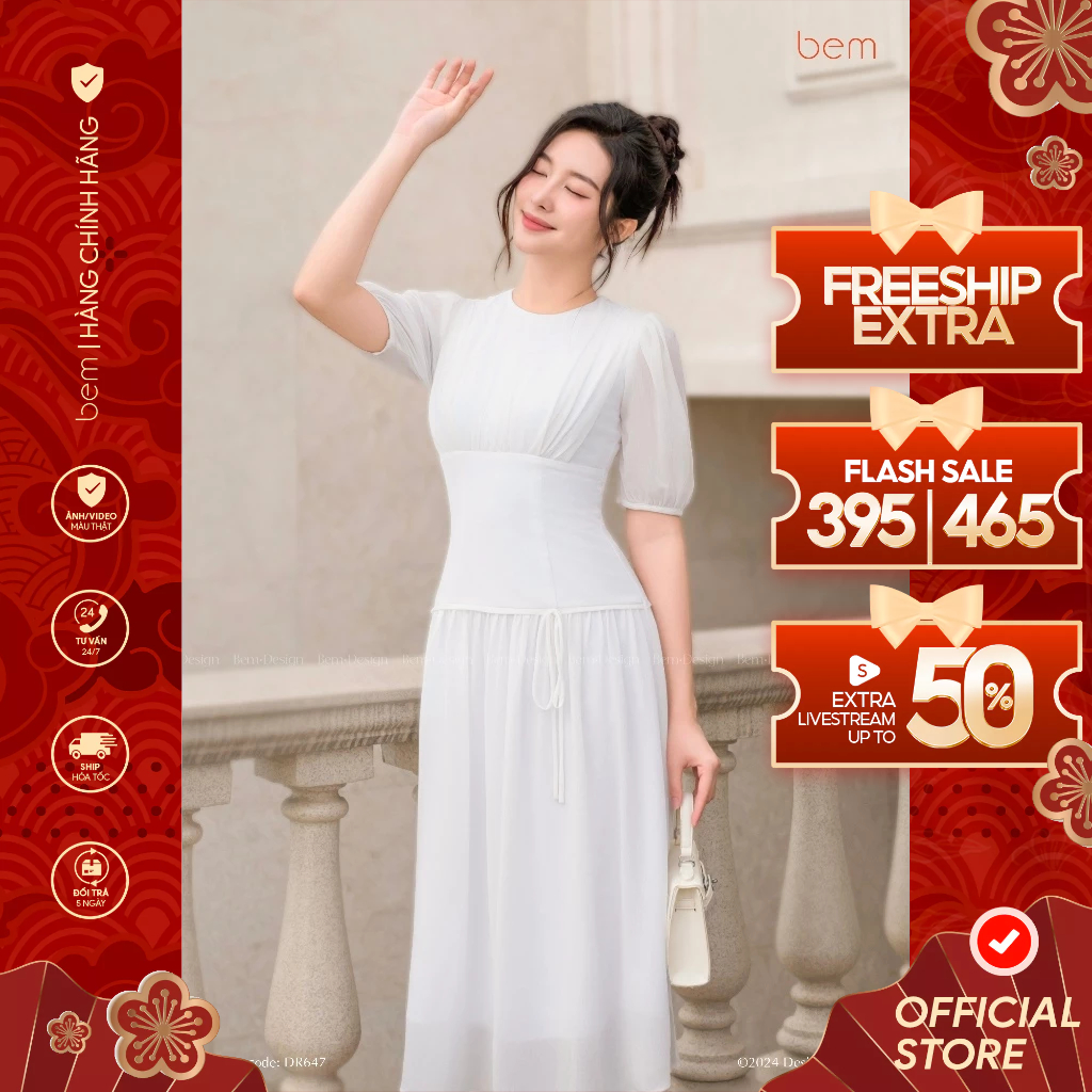 Váy Midi Xòe Trắng Tay Lỡ Cổ Tròn Bem Design (DR647)