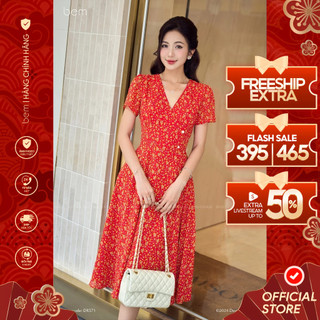 Đầm Hoa Nhí Màu Đỏ Dáng Xòe Cổ V Có Nút Châu Bem Design (DR571)