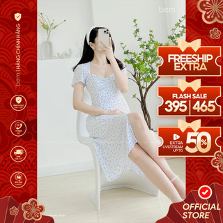 Đầm Hoa Nhí Màu Xanh Cổ Nữ Hoàng Xẻ Tà Thanh Lịch Bem Design (DR324)
