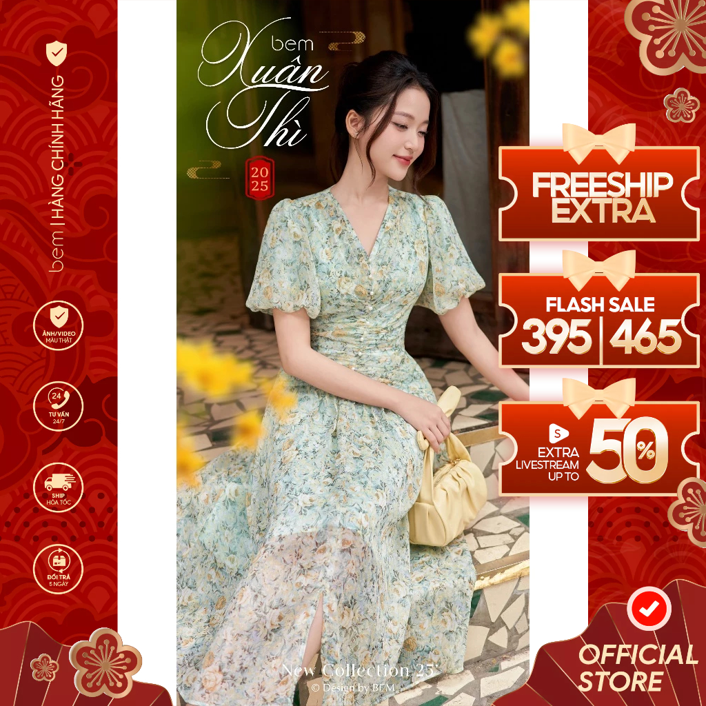 Váy Hoa Nhí Xanh Đậu Nhún Eo Bem Design (DR701)