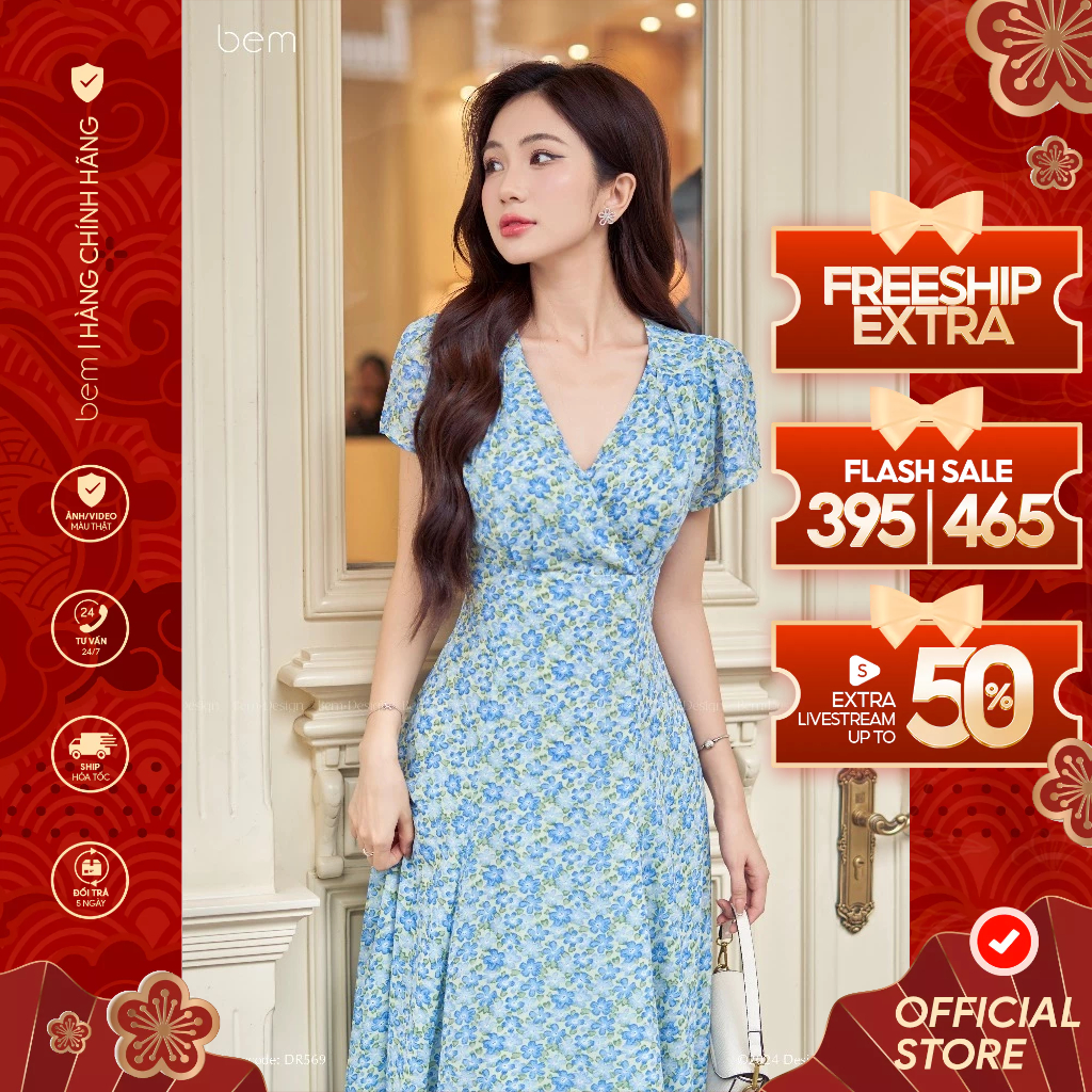 Đầm Hoa Nhí Xanh Tôn Dáng Tùng Xòe Bem Design (DR569)