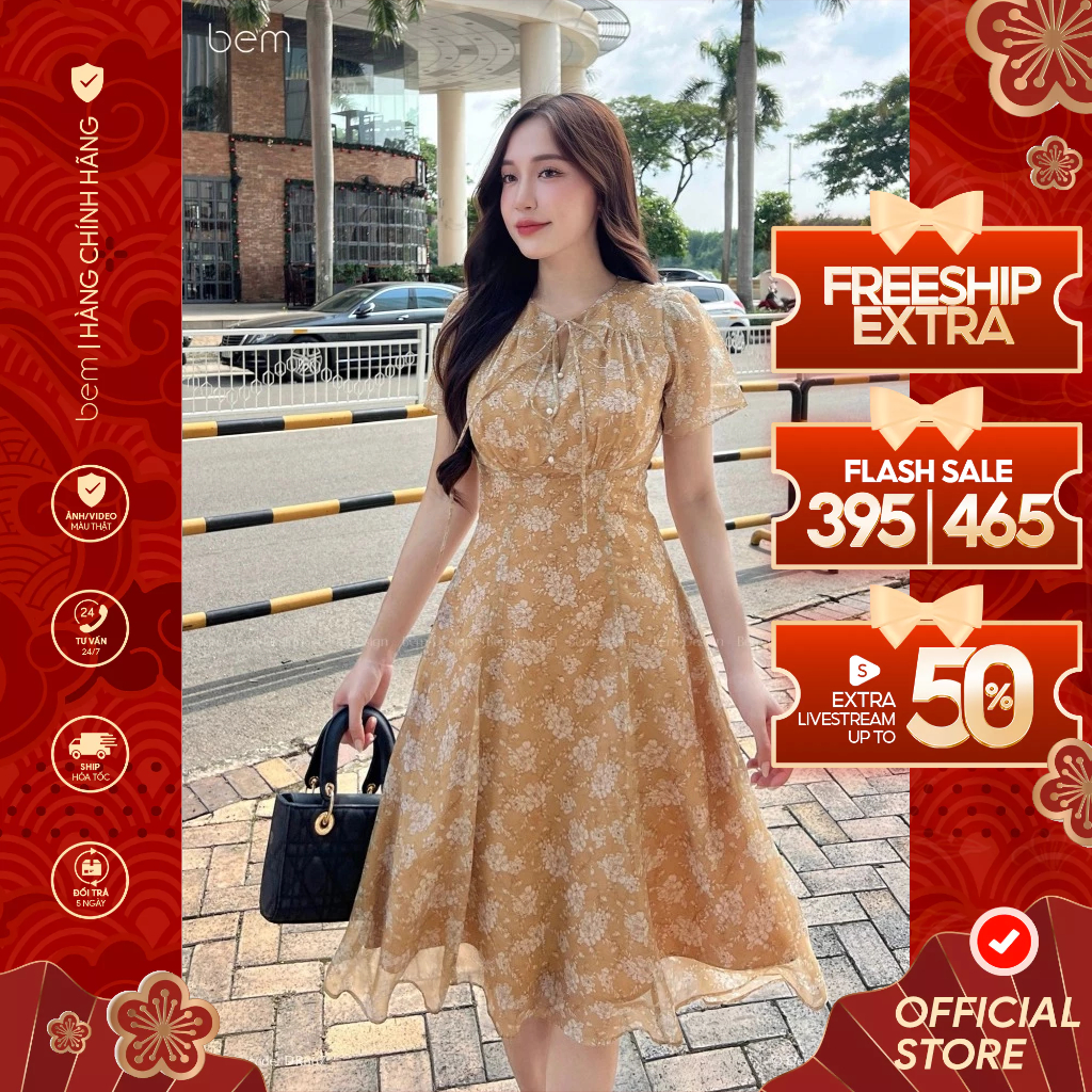 Đầm Hoa Nhí Nâu Vintage Cổ Tròn Nơ Bem Design (DR667)