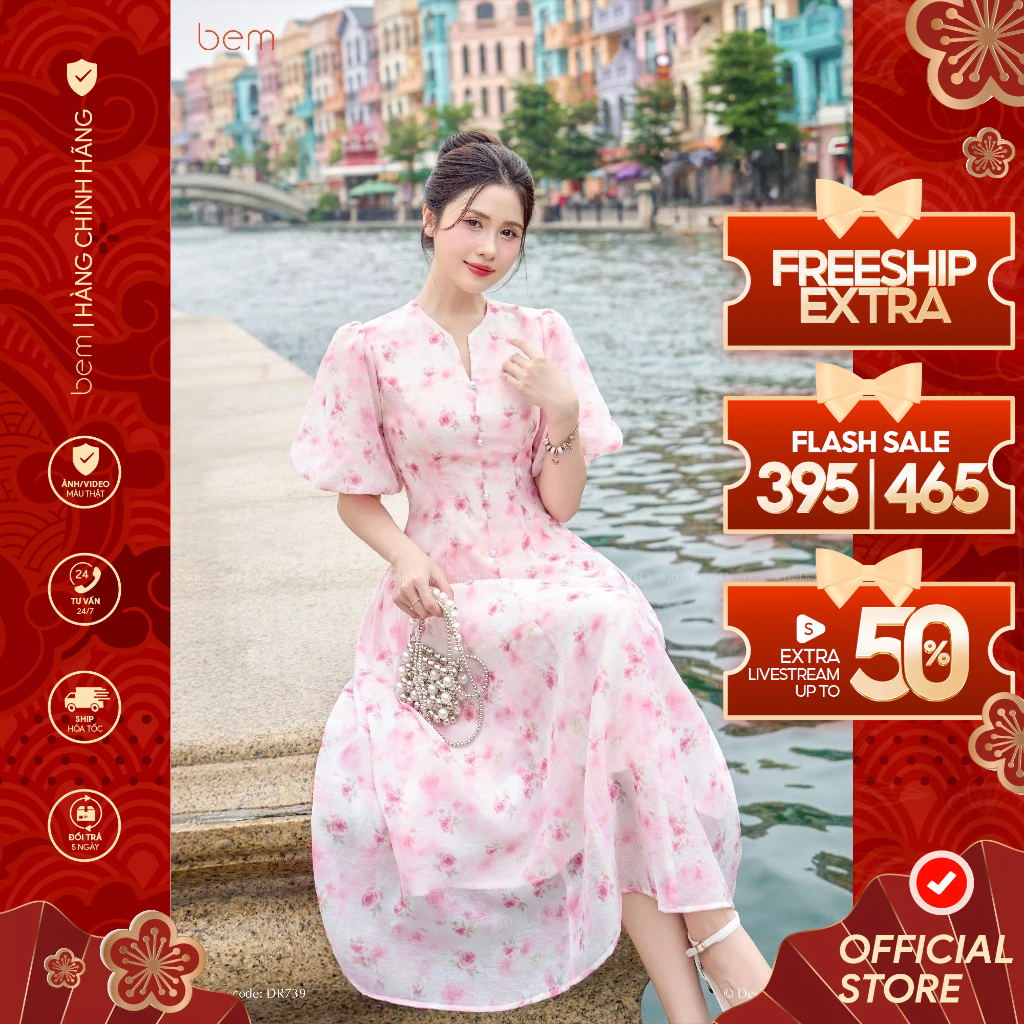 Váy Hoa Nhí Hồng Dáng Midi Tay Bí BEM Design (DR739)