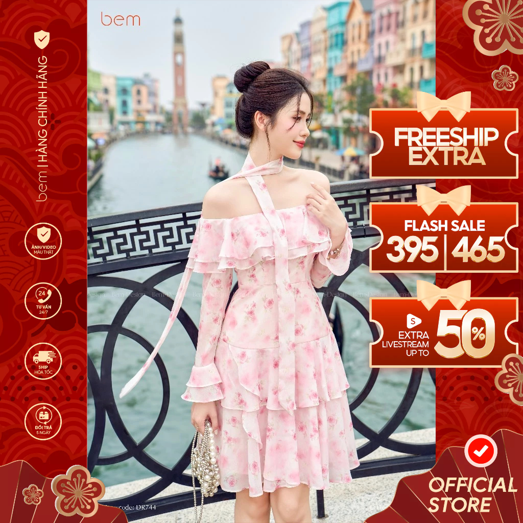 Váy Hoa Nhí Trễ Vai Viền Bèo Hồng BEM Design (DR744)