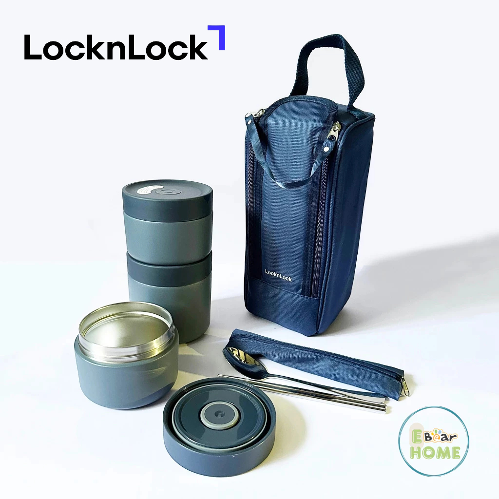 Bộ hộp cơm giữ nhiệt Locknlock Pump Vacuum Lunch Box (300mlx2, 500mlx1, kèm bộ đũa thìa và túi) LHC8